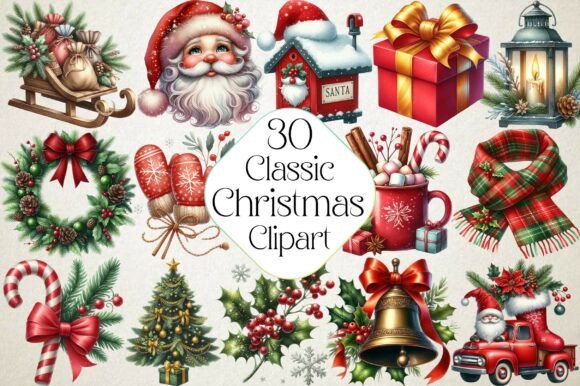 Download Watercolor Classic Christmas Clipart - Christmas clipart Collection