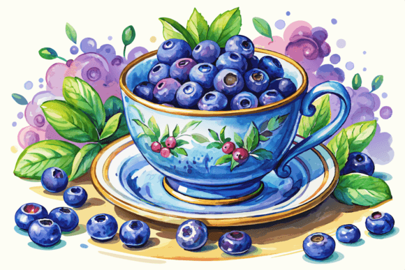 Download Teacup with Blueberries Watercolor - Premium Resources