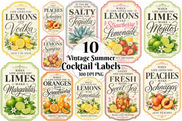 Download Vintage Summer Cocktail Labels Bundle - Vintage summer Collection
