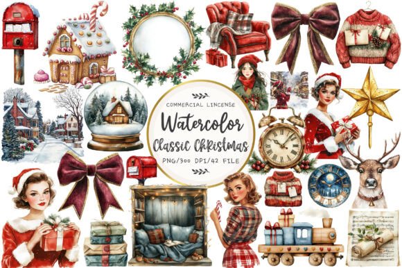 Download Watercolor Classic Christmas Clipart - Christmas clipart Collection