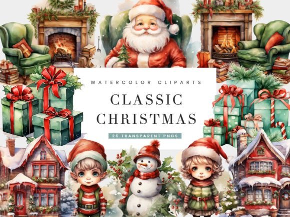 Download Watercolor Classic Christmas Clipart - Christmas clipart Collection