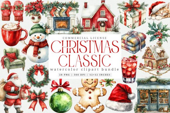 Download Watercolor Classic Christmas Clipart PNG - Christmas clipart Collection