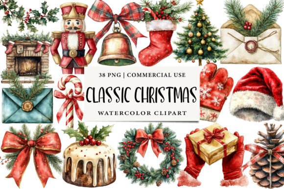 Download Watercolor Classic Christmas Clipart - Christmas clipart Collection